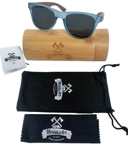 NEU Herren Damen braune Palisander polarisierte Sonnenbrille blaues Gestell Farbtöne Bambusetui - Bild 1 von 8