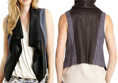 Chaleco Karen Kane 2L73519 Azul Denim/Negro Imitación Cuero Moto Cortina Frontal - $168 Foto 1 de 4