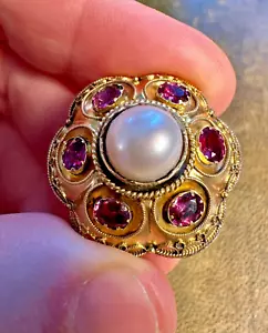 Antique Victorian 15ct Bloomed Gold 10mm Pearl & Faceted Pink Garnet Brooch Pin - Picture 1 of 19