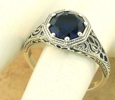 DECO ANTIQUE STYLE 925 STERLING SILVER 1.2 Ct SIMULATED SAPPHIRE RING     #1158X - Image 1 of 3