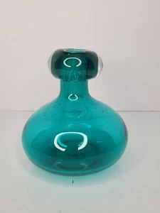 Aqua Blue Blown Art Glass Flower Vase Round Bulb Bubbles 6.5" Tall - Picture 1 of 13