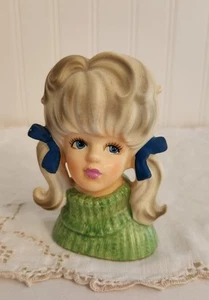 Vintage Enesco Lady Head Vase Teen Blonde Hair Pigtails Green Turtleneck - Picture 1 of 10