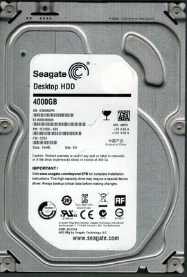 ST4000DM000 P/N: 1F2168-568 F/W: CC54 S/N: S300 SU 4TB 04/2014 SEAGATE - Image 1 of 2