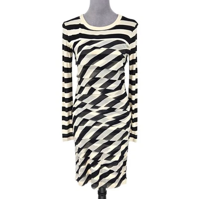 Vestido feminino Diane Von Furstenberg pequeno marfim listra preta em camadas de seda DVF - Imagem 1 de 4