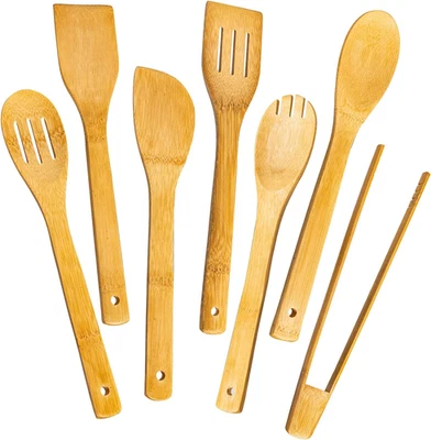 EISINLY Wooden Spoons for Cooking 7-Piece, Kitchen Nonstick Bamboo Cooking Utensils Set,