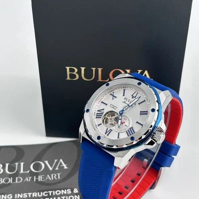 Bulova Marine Star 98A225 White Dial+Blue Rubber Strap Men's Automatic Watch New - Image 1 of 4