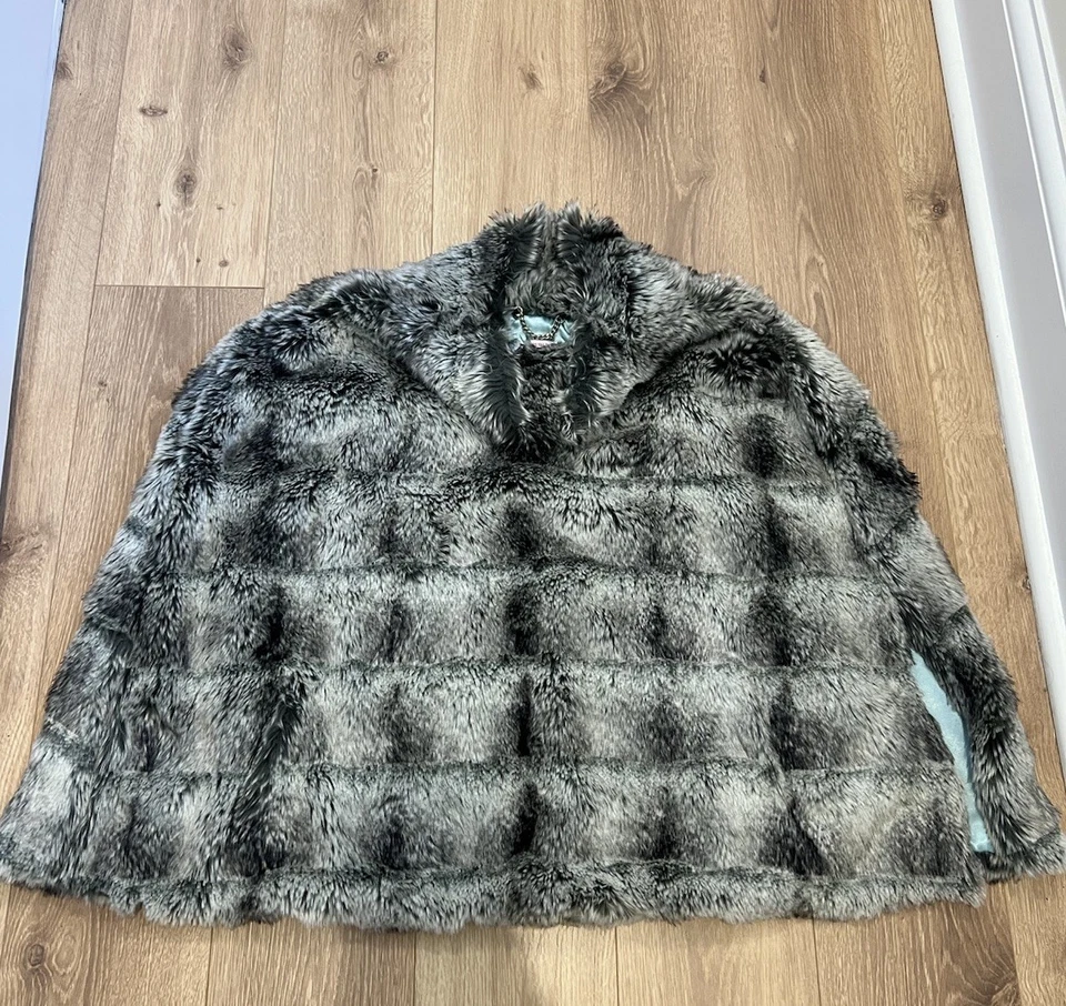 Frances Valentine Women Gray Faux Fur Poncho Coat Designer Vintage Inspired - Image 1 of 4