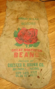 VINTAGE Great Northern Beans, MORRILL, NEBR. Burlap Sack Chester B. Brown Co. - Picture 1 of 3