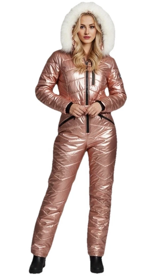 Women’s One Piece Snowsuit Ski Suit Fur Hood Waterproof Winter Snowboarding Pink - Image 1 of 4