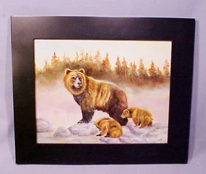 Hand Painted Signed Brown Mother Bear and Cubs Framed Porcelain Tile - Gorgeous! - Picture 1 of 5
