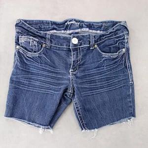 Amethyst Shorts Womens 2 Blue Bermuda Embroidered Denim Cut Off Fringe Fits 30x7 - Picture 1 of 12