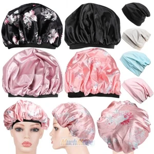 US Women Satin Night Sleep Cap Hair Bonnet Hat Silk Head Cover Wide Elastic Band - Picture 1 of 28