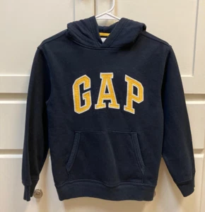 Gap Kids Boys' Navy Fleece Hoodie with Yellow Logo and Kangaroo Pockets, Size 10 - Picture 1 of 3