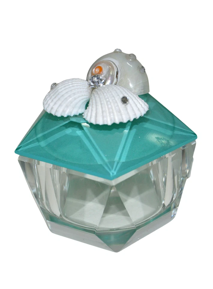 Scatolina in Vetro Colore Acquamarina con coperchio Conchiglie e strass - Immagine 1 di 1