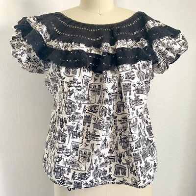 Blusa Años 50 - Fabulosa Camisa Top Estampado Eiffel PARÍS Francesa Novedad Años 50 Foto 1 de 4