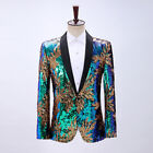 Men Suit Blazer Leaf Pattern Glitter Sequin Jacket Top Party Dance Costume Dress