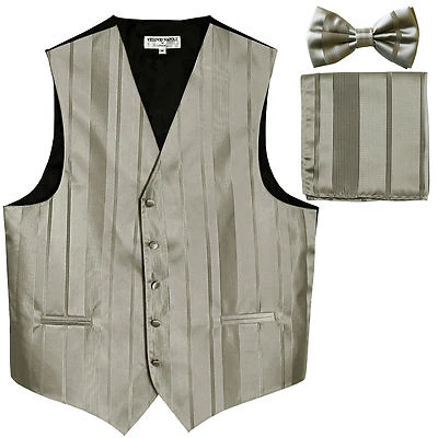 New Men's vertical stripes Tuxedo Vest Waistcoat_bowtie & hankie silver formal - Image 1 of 4