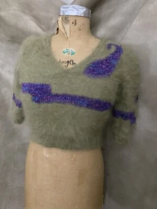 Y2K PIN-UP GIRL 100% Angora CROPPED Sweater Fluffy Furry PET ME Taupe Handmade M - Picture 1 of 9