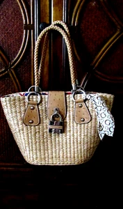 Guess Straw Ostrich Leather Tote Hand Bag Signature Scarf - Picture 1 of 13