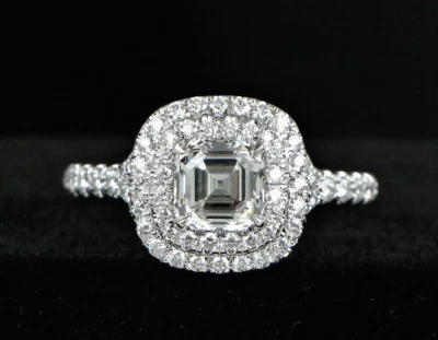 18K White Gold IGI 1.13ct Emerald Asscher Diamond Double Halo Engagement Ring 6 - Image 1 of 4