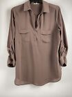 Pleione Blouse Women Xl Brown Roll Tab Sleeve Button Front Classiccore