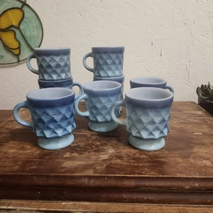 LOTE DE 4 tazas de café Fire King Anchor Hocking Kimberly azul diamante vintage - Imagen 1 de 14