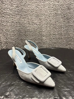 Manolo Blahnik Maysli Suede Buckle Detail Slingback Pumps Blue Womens Size 39 EU - Image 1 of 4