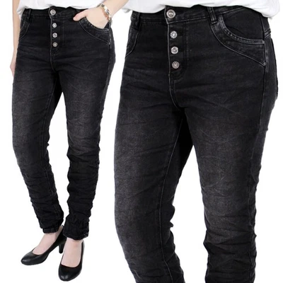 KAROSTAR ★ BASIC JEANS HOSE BOYFRIEND BAGGY STRETCH KNOPF SCHWARZ NEU 38 - 48 - Bild 1 von 4