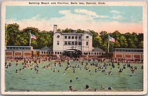 Vintage 1926 DETROIT Michigan Postcard "Bathing Beach and Pavilion, BELLE ISLE" - Picture 1 of 2