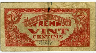 # SPAIN CIVIL WAR 1937 • TREMP 20 CENTS MUNICIPAL ☆ GUERRA CIVIL ESPAÑOLA ☆D1731 - Image 1 of 2