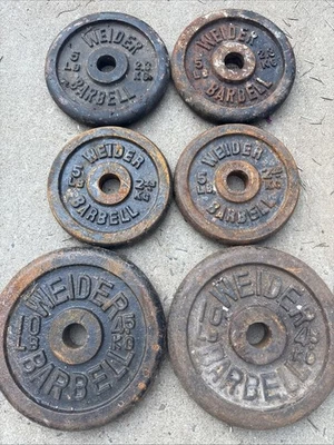 6xVINTAGE 10lb&5lb WEIDER BARBELL WEIGHT PLATES TOTAL 40 POUNDS 1" HOLE STANDARD - Image 1 of 4