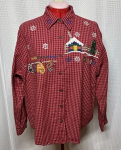 New Direction Embroidered Christmas Themed Plaid Button Up Blouse Women L - Picture 1 of 14