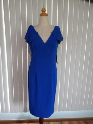 NWT! "MARINA" Cobalt Blue V-Neck Flutter Sleeve Sheath Built-in Bra Dress SZ.8 - Image 1 of 4