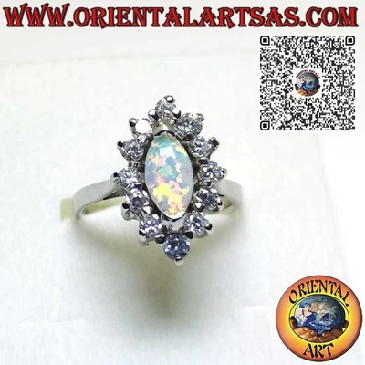 Anello in Argento 925‰ con opale arlecchino a navetta incastonato sulle punte co - Immagine 1 di 4