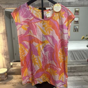C&C California 100% Linen Top Women's Size M Tropical Floral Button Back - Picture 1 of 8
