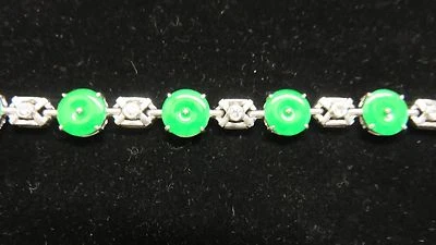 ИЗУМРУДНО-ЗЕЛЕНЫЙ ЖАДЕИТ ~ 10 Pi дисков + бриллианты ~ 18K белое золото браслет ~ недвижимости ~ ВАУ! - Изображение 1 из 4