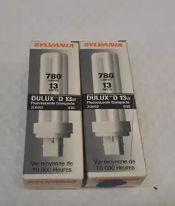 2x Sylvania 20692 CF13DD/835 13W T4 CFL 2 pin GX23-2 3500K Dulux 10K Hours NEW - Picture 1 of 5