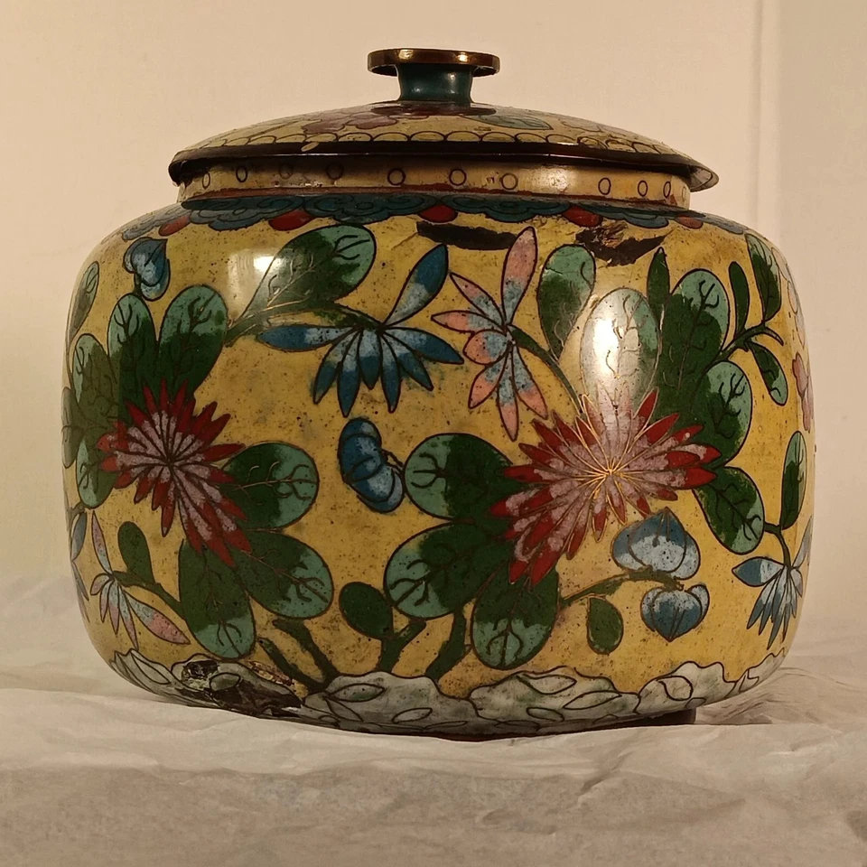 Olla de agua cloisonné china - floral y mariposa - tarro con tapa - 6" vintage Foto 1 de 4