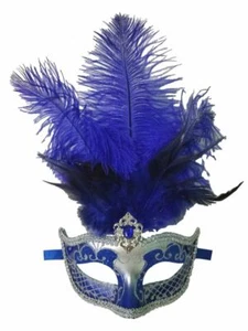 Royal Blue Feather Silver Venetian Masquerade Mardi Gras Mask - Picture 1 of 3
