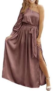 Maxi abito donna raso manica lunga monospalla asimmetrico cravatta vita XL - Foto 1 di 4