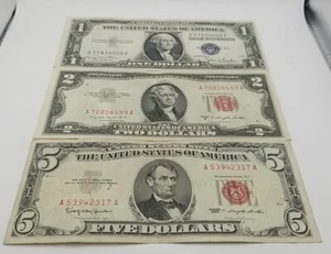 3 Note Lot $1 (1935D Silver Cert), $2 (1953B Red Seal) & $5 (1963 Red Seal) #789 - Picture 1 of 20