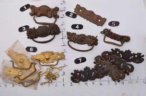 Salvaged Antique Variations - 19th Century Pressed Metal Bail Pull(s) & Hardware Cover