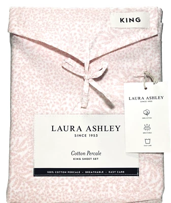 Pink King Sheet Set Comfy Crisp Cool Cotton Percale Laura Ashley Sweetwater Vine - Image 1 of 3