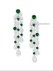 Lab-Created Green Emeralds & White Diamonds Leaf Drop-Dangle Women's Earrings - Picture 1 of 2