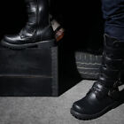 Mens Fashion High Top Buckle Strap Mid Calf Boots Combat Pu Leather Velvet Shoes