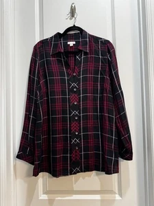 J Jill Red/Black Plaid Down Shirt Medium Long Sleeves armpit To Armpit 21” - Picture 1 of 6