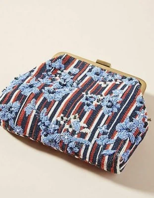 Anthropologie- MULTICOLOR Beaded Clutch Crossbody Bag Chain Red White Blue - Image 1 of 4