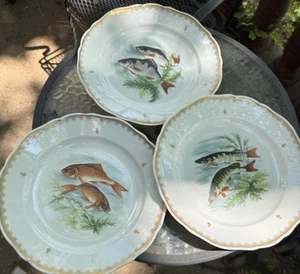 Vintage French Fish Dinner Plate Porcelain Hand Painted Set 3 Piece 10” NEW - Picture 1 of 4