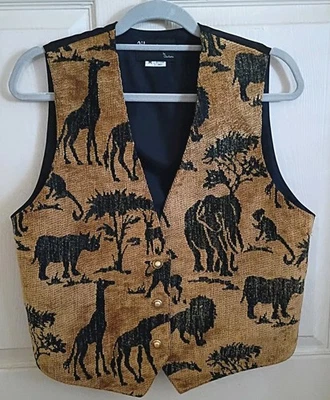 Mujeres M Terciopelo Pana Animales Salvajes Safari Satinado Espalda Beige Negro Botón Chaleco  Foto 1 de 4