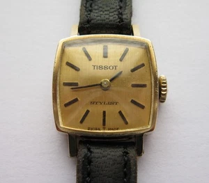VintageTissot Stylist Gold Damenuhr, original schwarzes Lederarmband, 17 Juwelen - Bild 1 von 12
